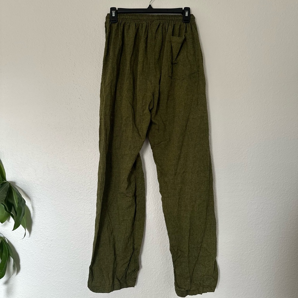 Nepal Drawstring Olive Green Pants Bohemian Handmade Pants os small - Picture 2 of 3